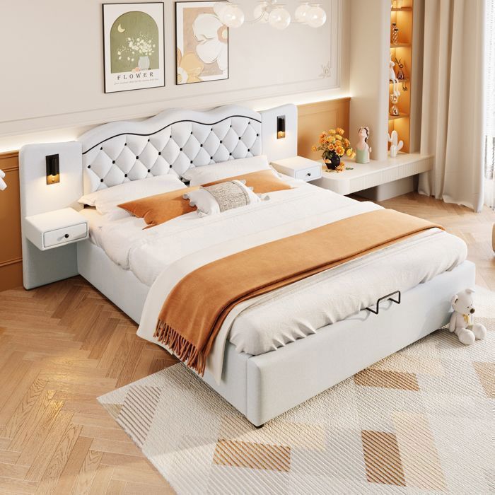 Letto contenitore 180x200 cm, beige - Meccanismo di sollevamento idraulico - Porta USB - 2 lampade da comodino