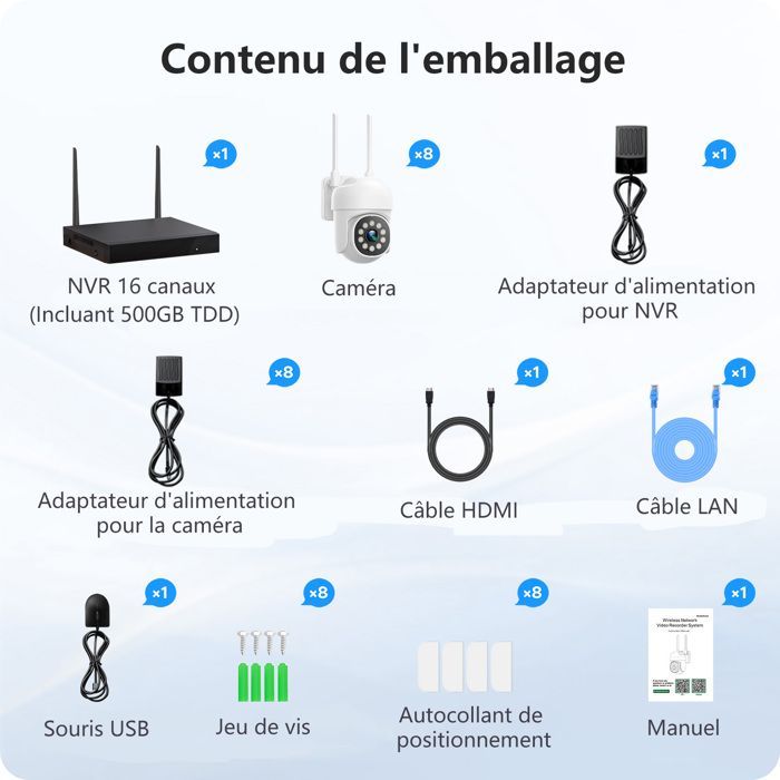 Kit de cámaras de vigilancia inalámbricas WiFi para exteriores CAMCAMP con 8 cámaras, 500 GB de almacenamiento, estación base, audio bidireccional y seguimiento automático.