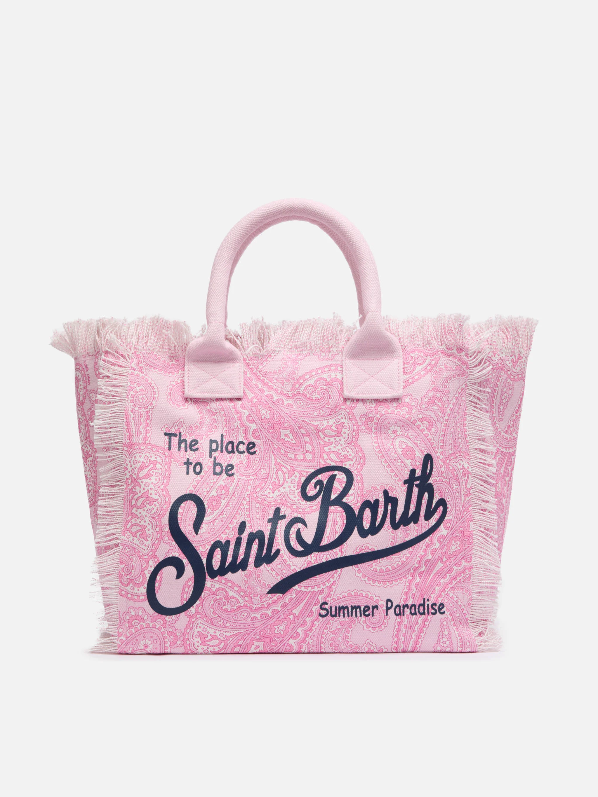 Vanity schoudertas van roze katoenen canvas met paisleyprint.