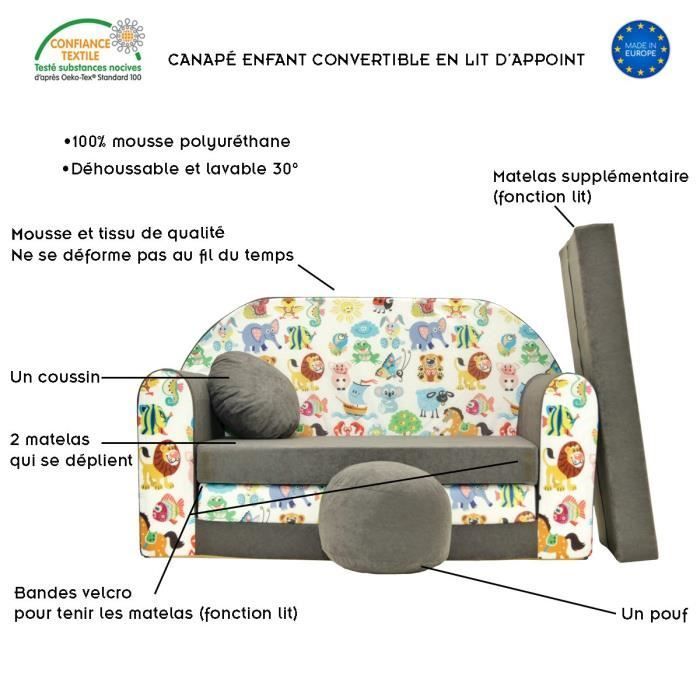 NINO Canapé convertible lit pour enfant avec pouf et coussin OEKO-TEX Animaux gris