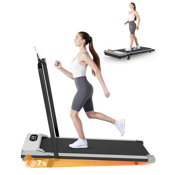 Cinta de correr plegable 4 en 1 con inclinación del 7% | 1-8 km/h | 2,5 CV | con mando a distancia y pantalla LCD | Carga máxima 120 kg | Plateada
