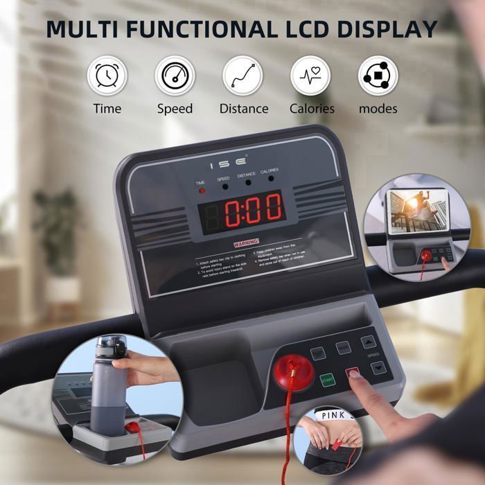 Esteira elétrica dobrável ISE recondicionada, motor de 0,75 HP, operação silenciosa, tela LCD, 5 programas, SY-1006-R