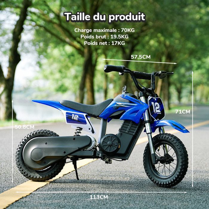 Moto électrique Enfant A12-Bleue-12''-350W-36V5,2 Ah-Charge Maximale 70 kg-Trois Vitesses-Sonnette-Autonomie 22 km-Tout terrain