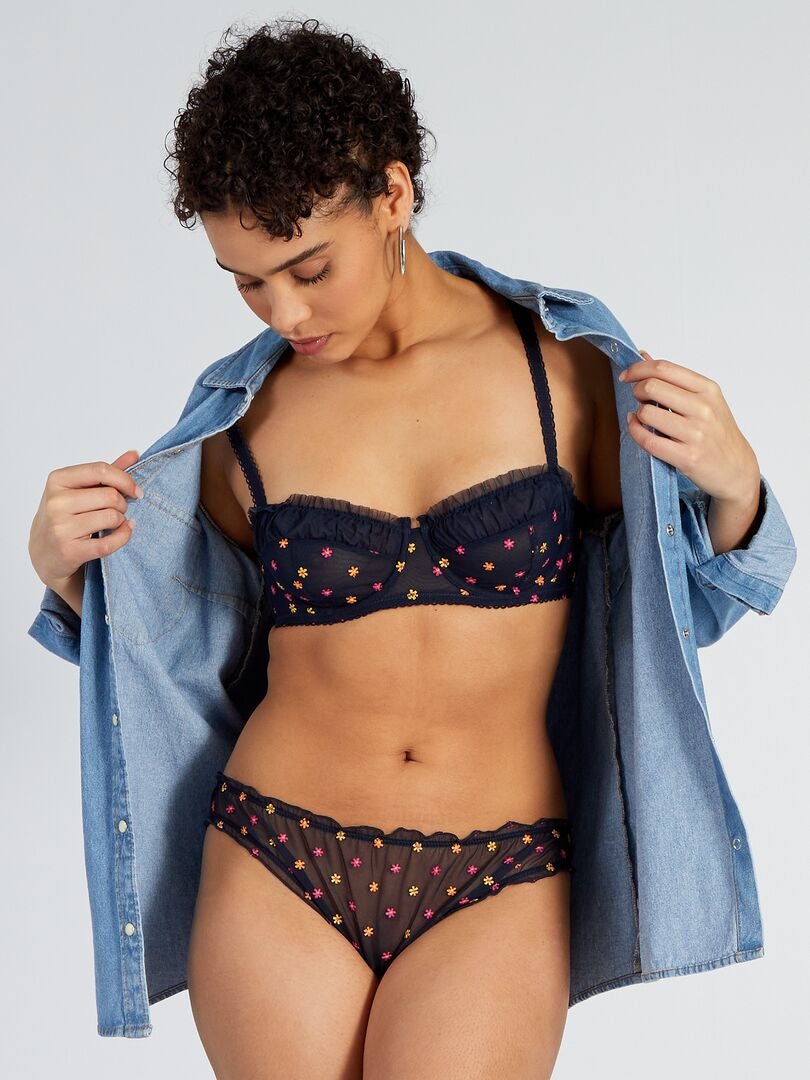 Sutiã balconette em tule com bordados de flores - azul