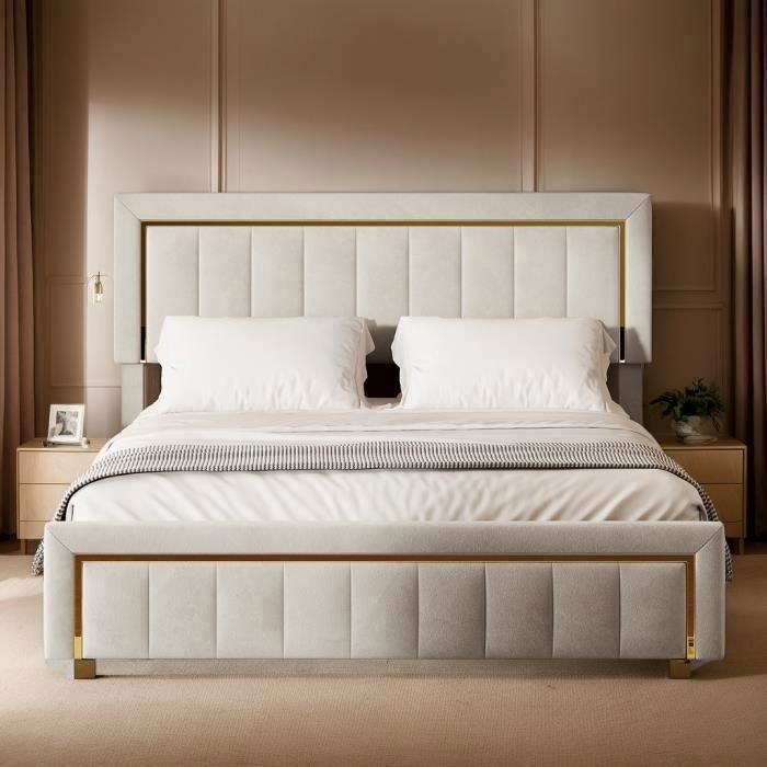 Letto contenitore - PERGAR - 160 x 200 cm - Velluto beige - Design contemporaneo - Portata 250 kg