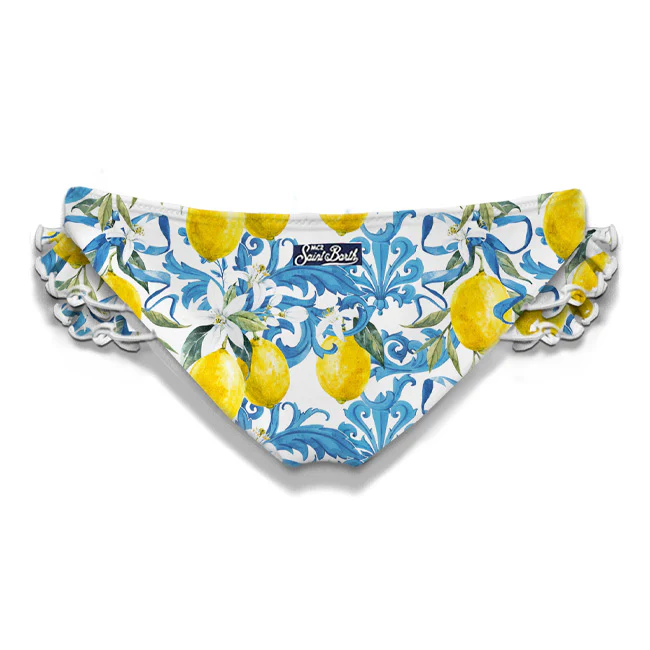 Braguitas de baño para niñas con volantes y estampado barroco.