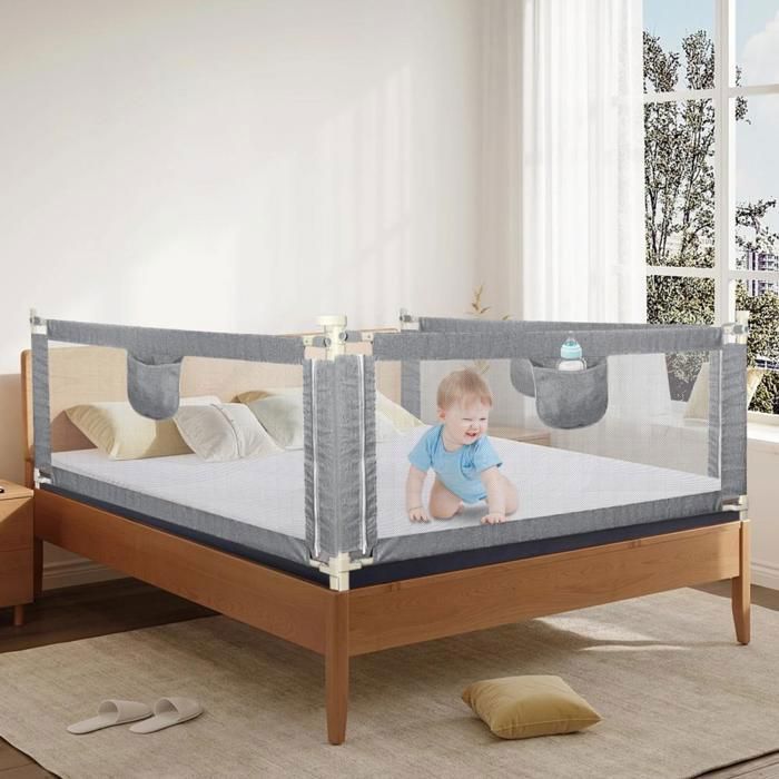Barandilla para cuna - MIPAN - Barrera de seguridad para cama infantil - Barrera de protección para cama infantil - Altura ajustable - 145 cm - Gris