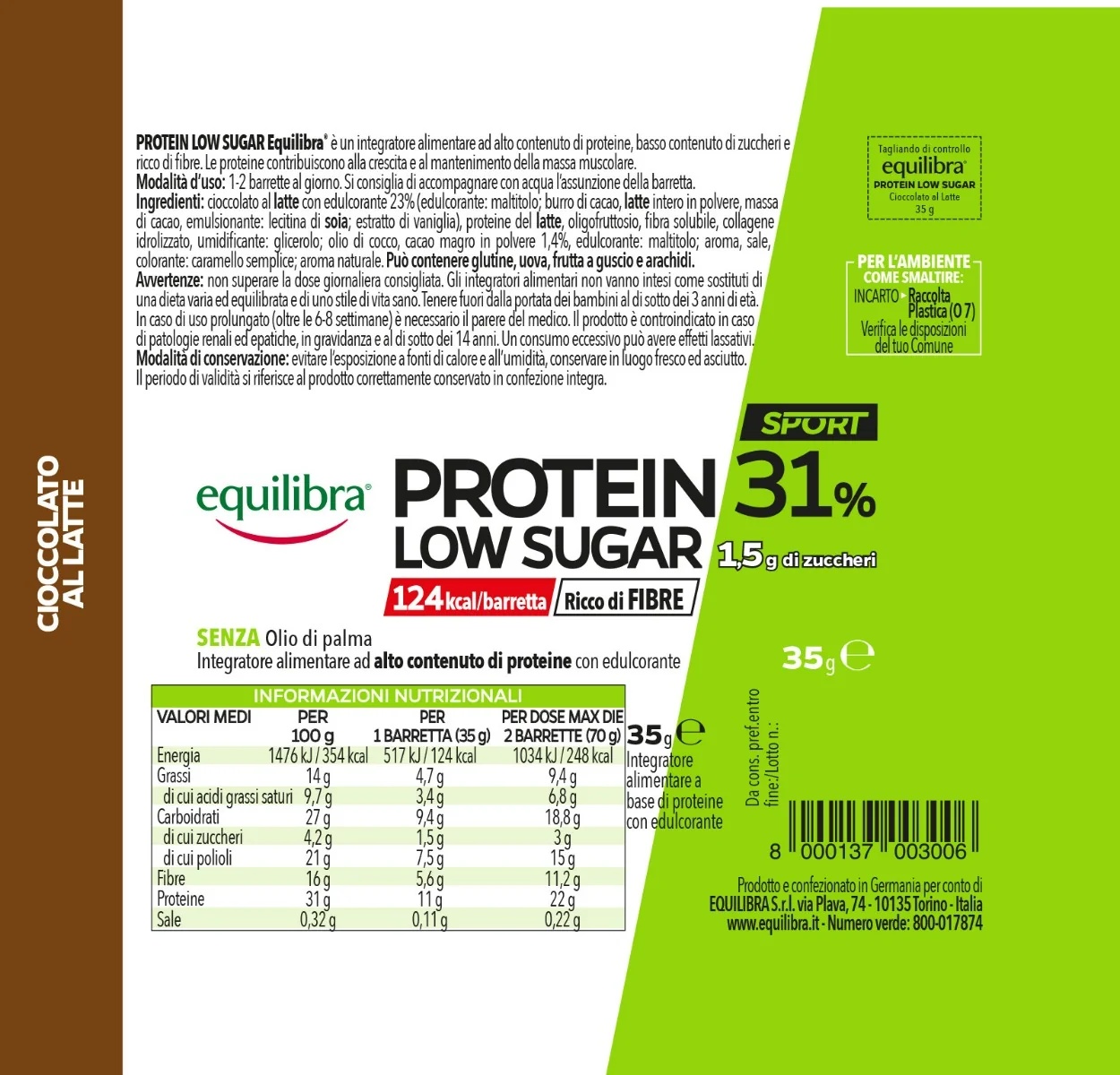 EQUILIBRA Proteinriegel Equilibra Protein 31 % mit niedrigem Zuckergehalt, Milchschokolade, 35 g, nach dem Sport