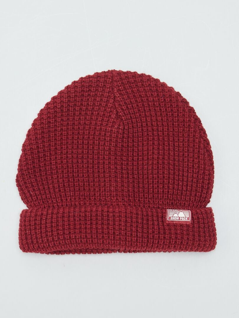 Conjunto de gorro e cachecol em malha canelada perolada - VERMELHO