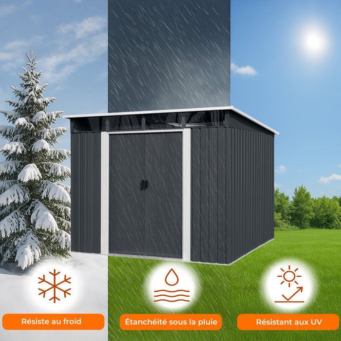 Abri de jardin en métal 4,61 m² - 238 x 193 x 202 cm - SOLER - Kit d'ancrage inclus, 2 portes coulissantes - Gris