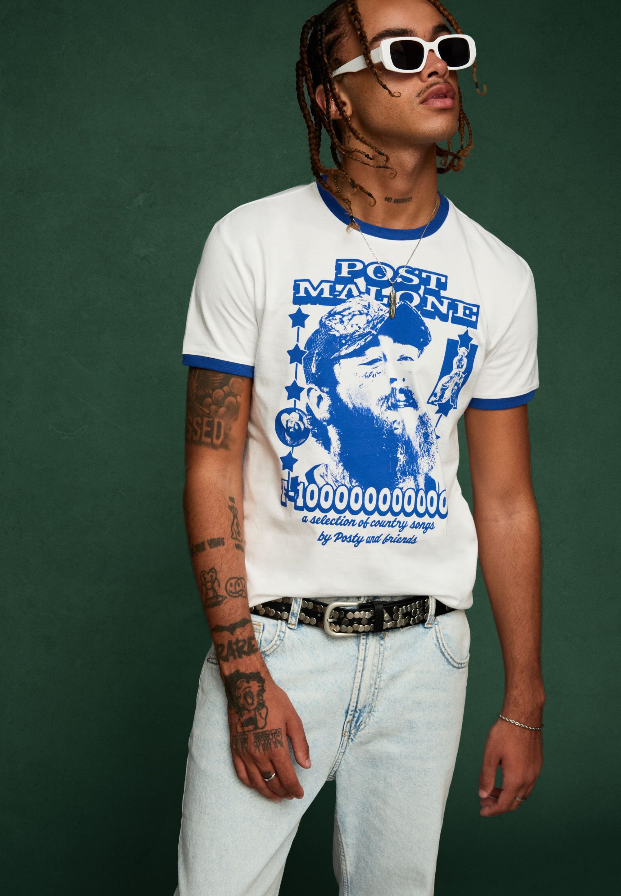 Bershka POST MALONE T-shirt a maniche corte con stampa - blu scuro