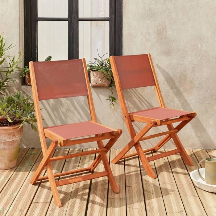 Sillas de jardín en madera y textilene - Almería Terracota - 2 sillas plegables en madera de eucalipto aceitada y textilene