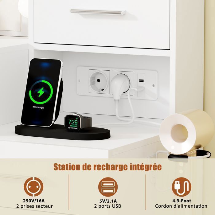 Coiffeuse Grande avec Miroir , LED Réglable, Prise et Port USB, 15 Tiroirs, 135X40X140cm，Blanc