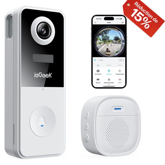 ieGeek trådløs ringeklokke med kamera, 2K utendørs ringeklokke, vanntett WiFi, 180° fiskeøyeobjektiv, toveis lyd, nattsyn, PIR