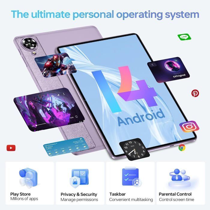 Tablet OUKITEL OT11 de 11 polegadas, Android 14, 16GB+128GB Octa-Core, Wi-Fi 5G, SIM 4G, bateria de 8000mAh, tablet com caneta stylus, roxo