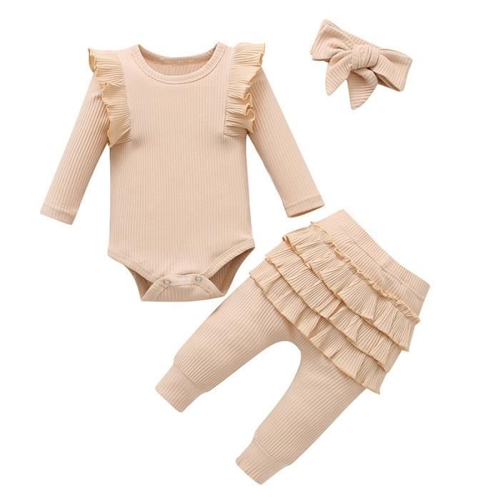 Conjunto de 3 piezas para bebé niña con volantes de encaje en algodón: body + pantalón + diadema, blanco