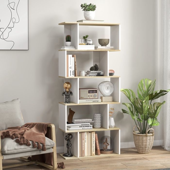 Librería - HOMCOM - Mueble de almacenamiento antivuelco de 5 baldas - Capacidad de carga de 25 kg - 70 x 29,5 x 163 cm - Aspecto de madera blanca