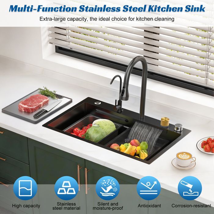 Black stainless steel waterfall kitchen sink, 1 bowl bar sink with integrated cup rinser - undermount with numerous accessories