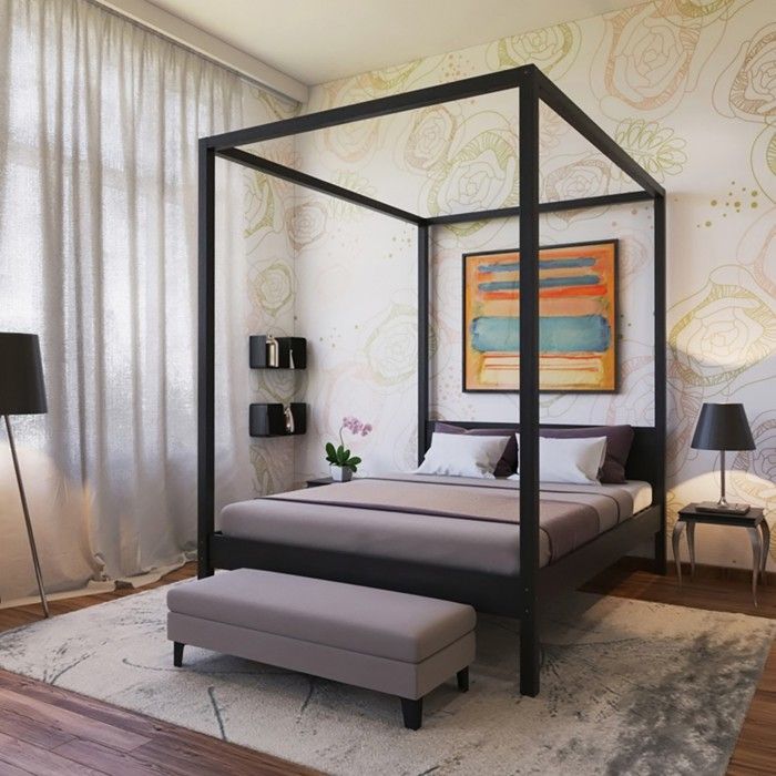 Cama doble con dosel ROMANA de pino macizo - Negra - 140x190cm
