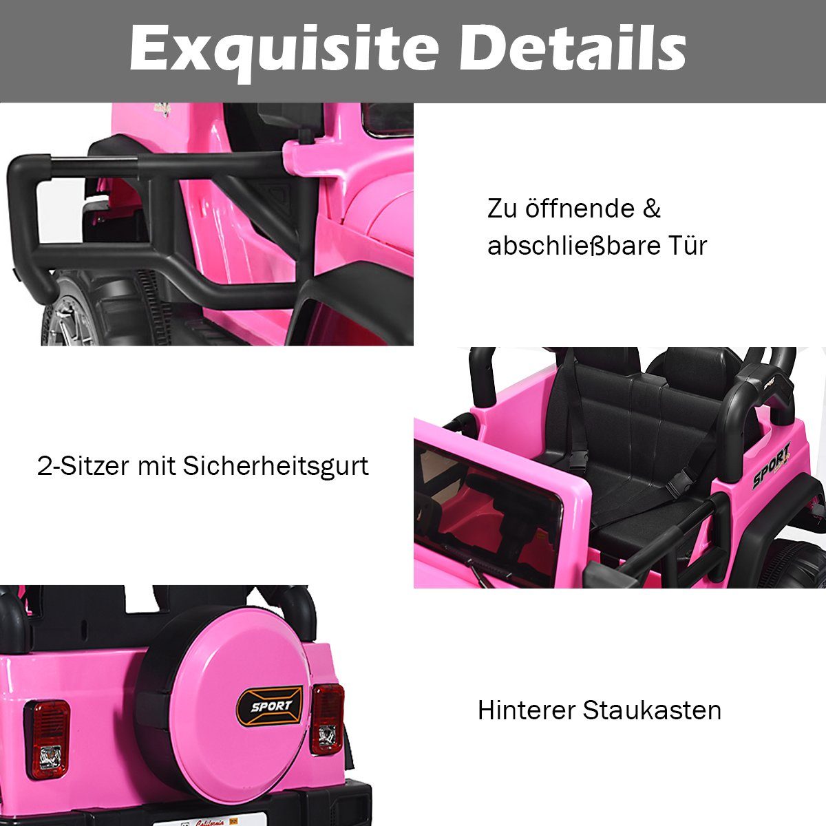Electric Jeep 2-seater with 3 speeds, pink