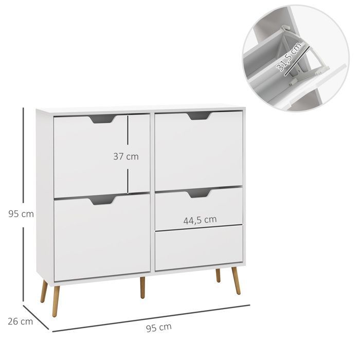 Zapatero - HOMCOM - 4 puertas abatibles - 16 pares - estante ajustable - patas de madera de pino - gran capacidad - blanco