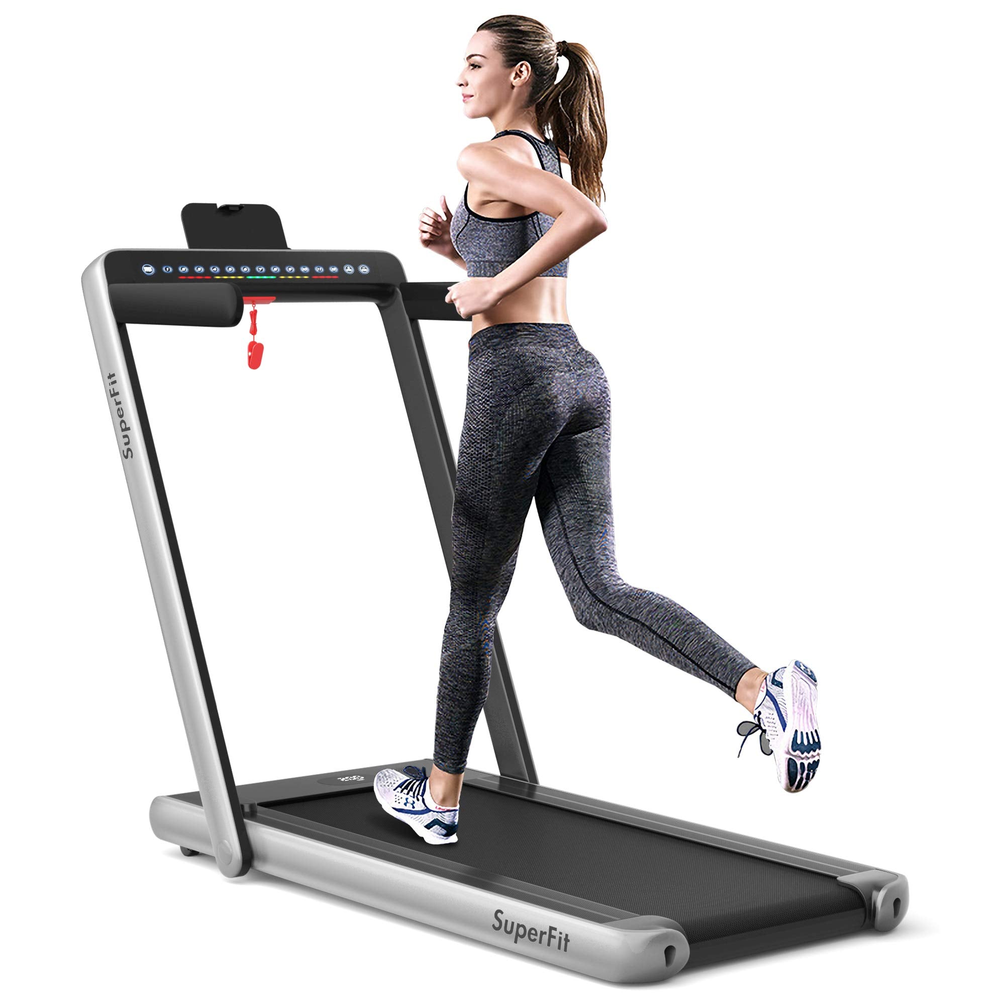 2-in-1 opklapbare loopband met dubbel display, 2,25 pk Superfit elektrische loopband voor onder het bureau