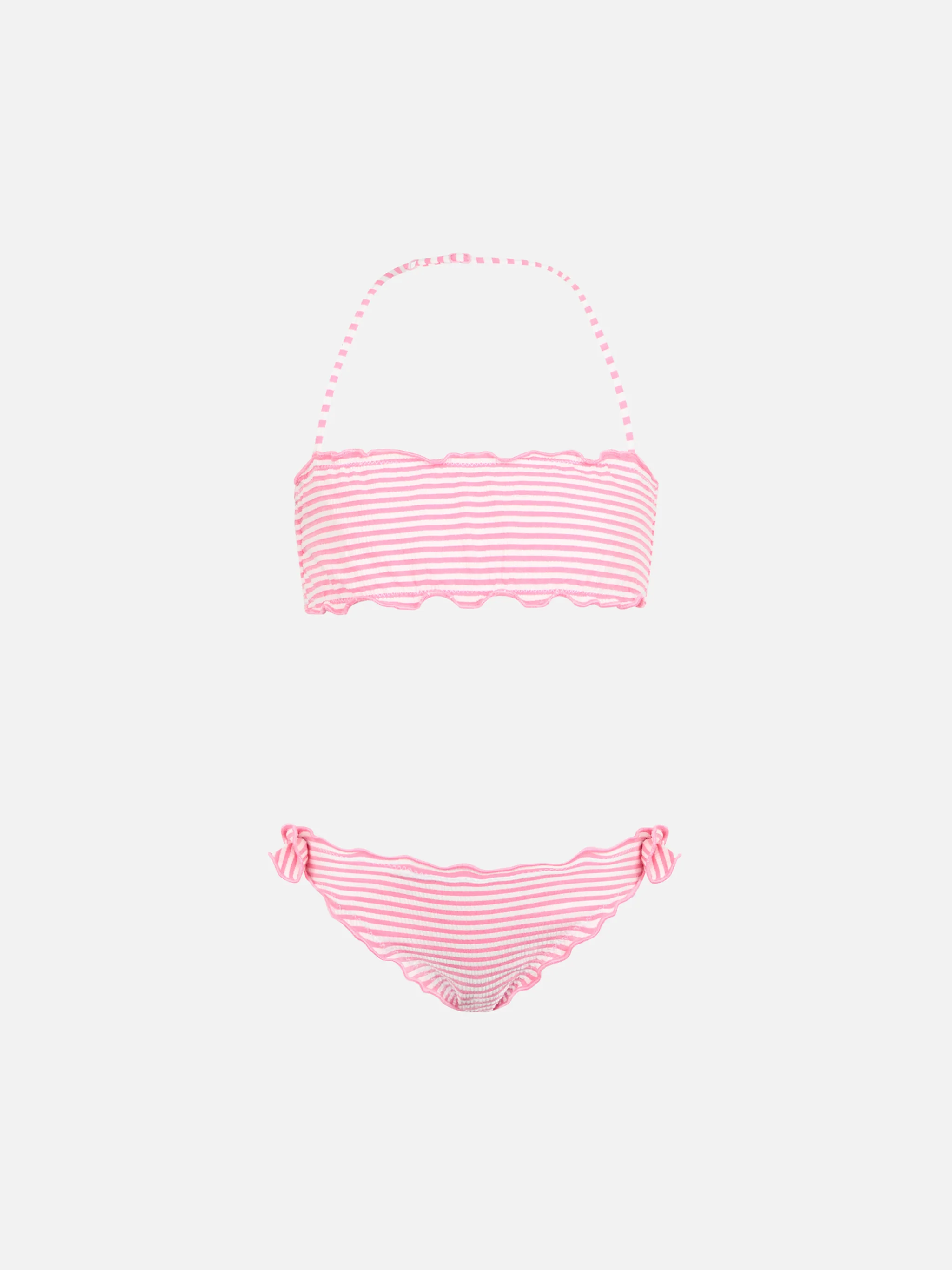 Bikini classico a fascia da bambina Emy in seersucker con stampa a rig