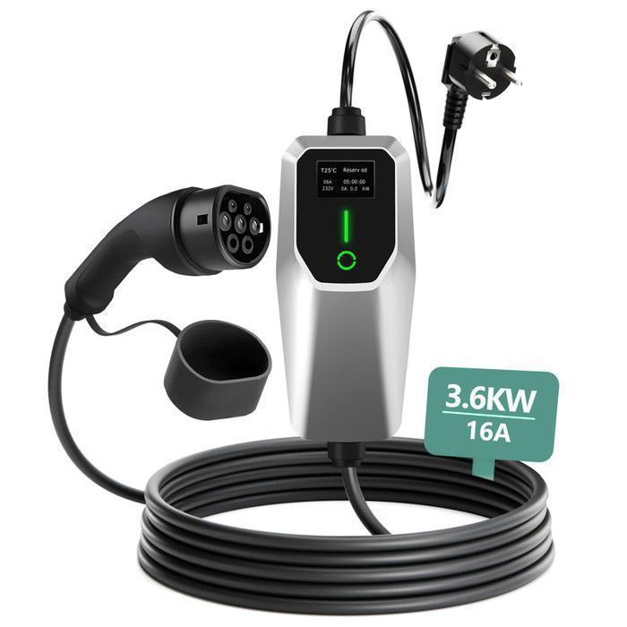 Caricabatterie portatile Junsun per veicoli elettrici con spina Schuko, cavo da 4 m, caricabatterie per veicoli elettrici di tipo 2 da 3,5 kW (6/8/10/13/16 A), colore argento.