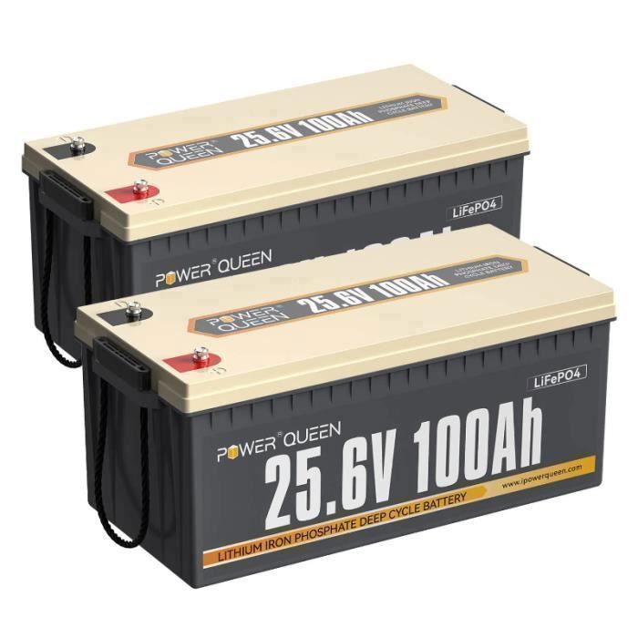 Power Queen 24V 100Ah 2560Wh Lithium LiFePO4-accu voor camper, caravan, reizen, scheepvaart en zonne-energiesystemen - Set van 2