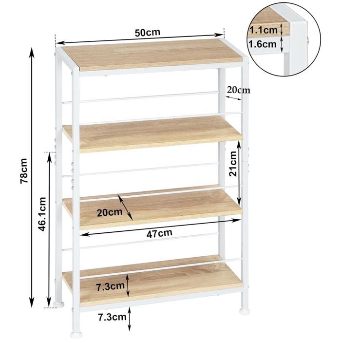 Estantería de almacenamiento WOLTU, estrecha, de 4 niveles, para cocina y salón, MDF, estructura metálica, roble claro + blanco, 50x20x78cm
