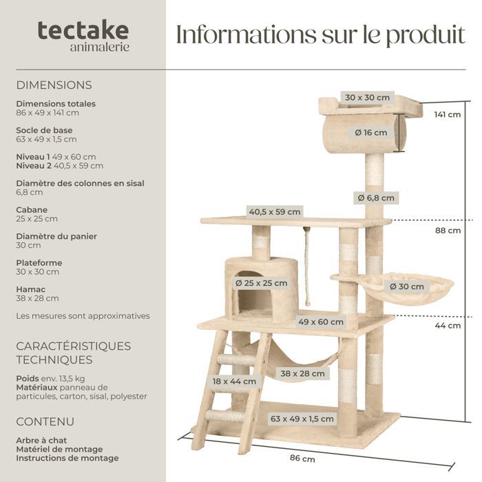 Arbre à chat - TECTAKE - Mobilier pour chat STOKELEY 141 cm de hauteur avec zones de couchage et cordelette - Beige