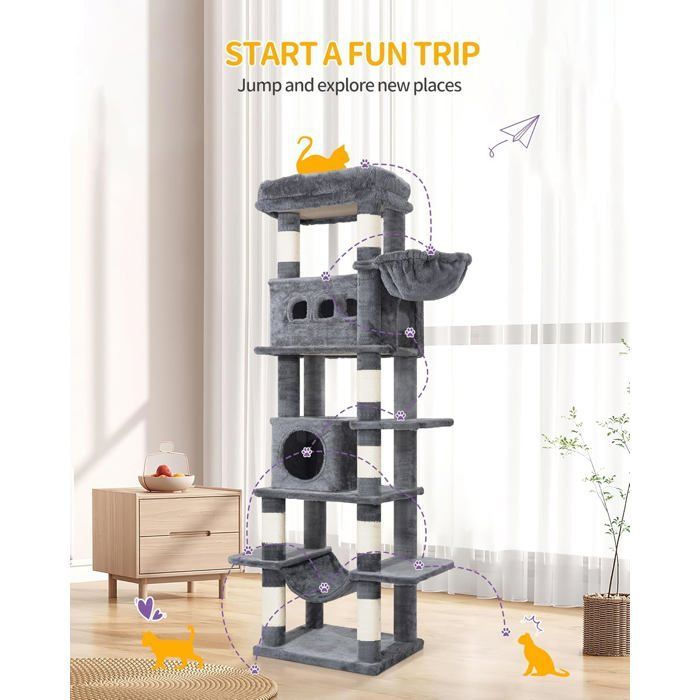 170cm Large Cat Tree, Cat Tower for Indoor Cats, with Large Perch, Washable Mat, 2 Cat Caves, Dark Grey