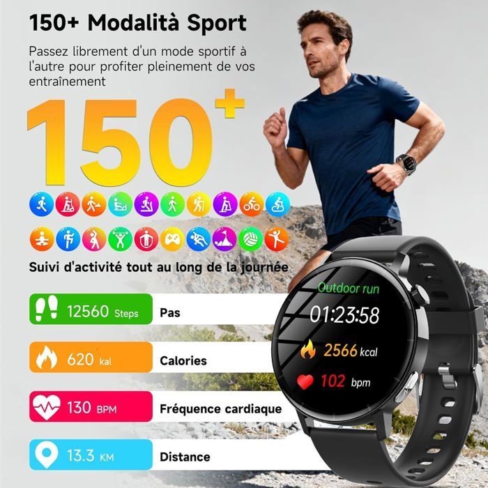 Smartwatch da uomo con ECG/HRV/BMI, display HD da 1,41