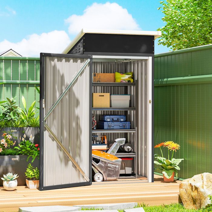 Caseta de jardín Outsunny - techo inclinado - puerta con cerradura y rejillas de ventilación - acero galvanizado - 107,5 x 91 x 185 cm - gris oscuro