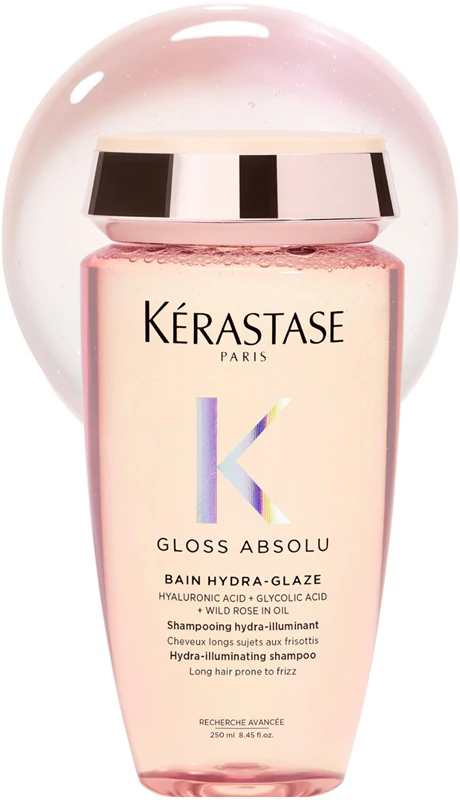 Shampoo Kérastase Gloss Absolu Bain Hydra-Glaze para cabelos brilhantes e macios.