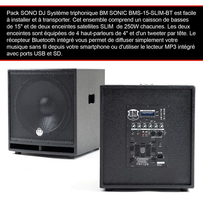 Système SONO PRO Complet 2400W DJ BM SONIC, 4 Enceintes satellites, 2x Méga SUB 38cm USB/Bluetooth, Portique Eclairage Lumières