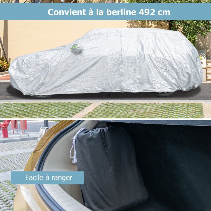 Funda para coche de exterior COSTWAY, con puerta con cremallera, tiras reflectantes y bolsa de almacenamiento, no superior a 492 cm.
