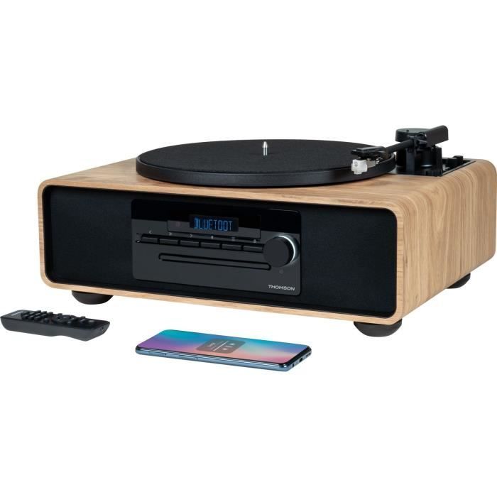 Sistema micro Hi-Fi Bluetooth con giradischi - THOMSON - Nero/Legno - Radio FM/CD/MP3/USB, 60W, Giradischi, Equalizzatore, Alimentatore 230V