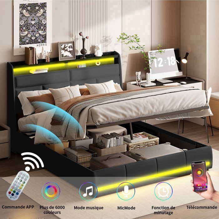 Set completo per camera da letto per adulti, base letto 160x200, letto matrimoniale, letto contenitore 160x200, letto a LED 160x200, testiera imbottita con illuminazione a LED, similpelle PU, nero