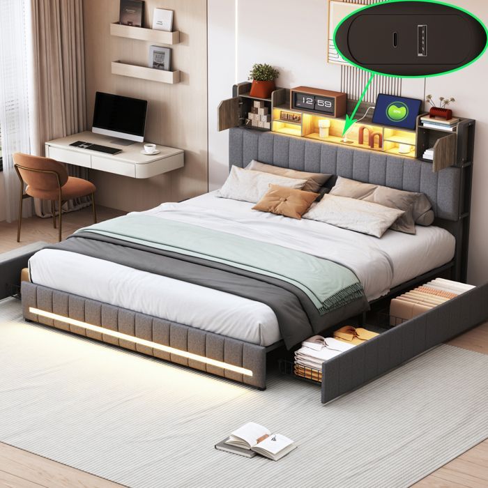 LED Lit avec Rangement 140x190– 4 Tiroirs – Lin – Lit Capitonné avec USB & Type C – Lit Double avec Sommier– Lit Adulte/Ado – Gris
