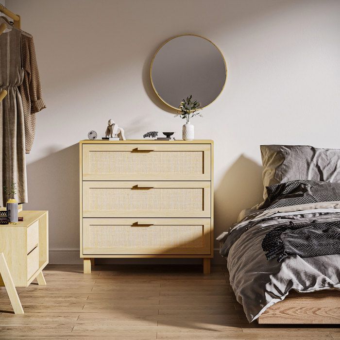 Cómoda - HOMCOM - 4 cajones, caña de ratán, mueble de almacenamiento para dormitorio - MDF - 80x40x80cm - madera clara