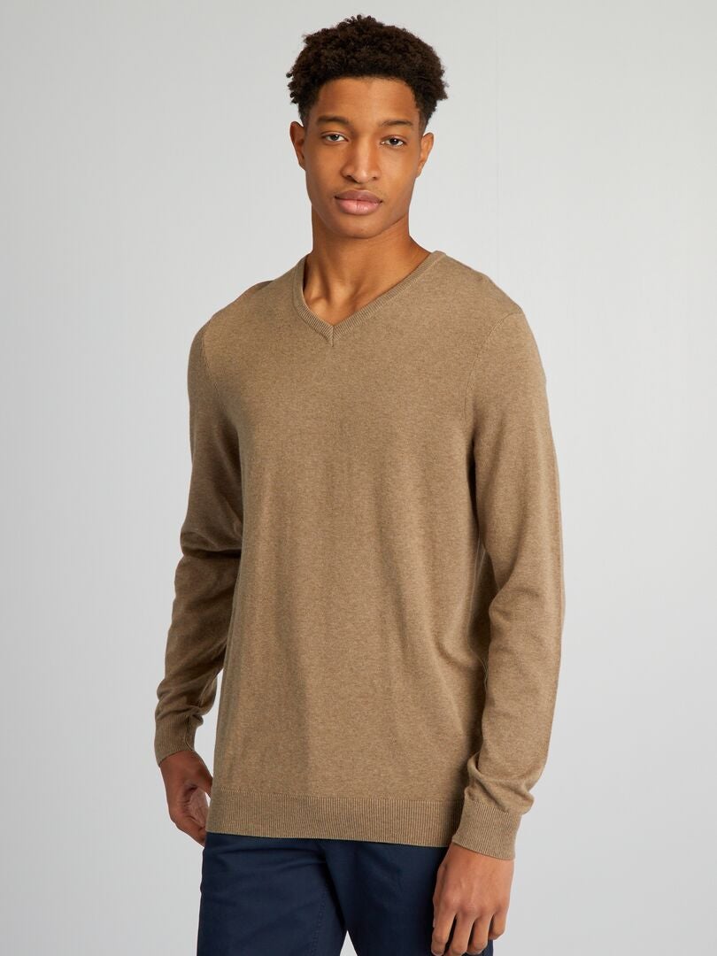 Gebreide trui met V-hals voor personen langer dan 190 cm - BEIGE
