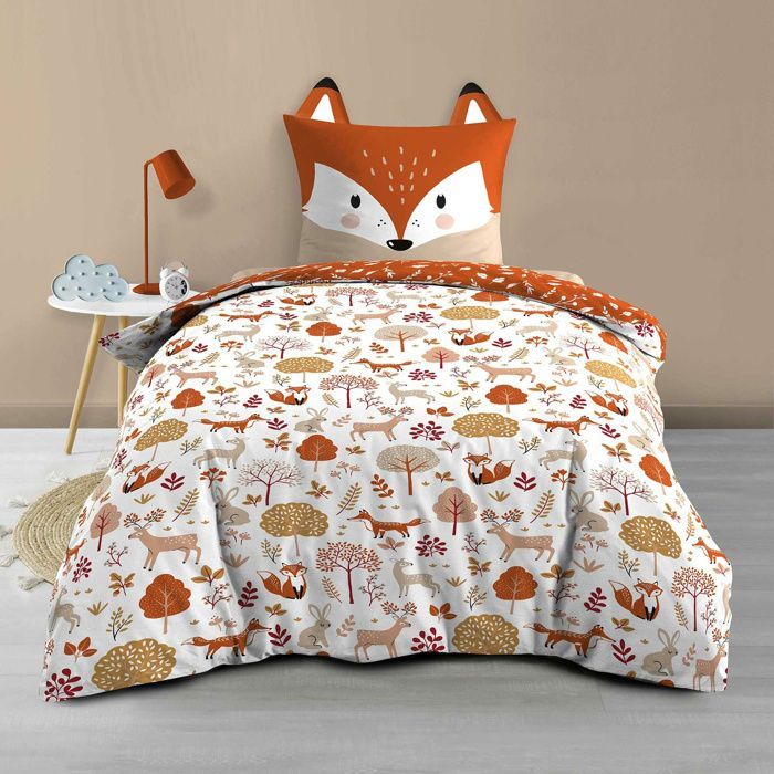Copripiumino per bambini 140 x 200 cm + 1 federa – ROXY – 42 fili – Reversibile con federa con testa di volpe