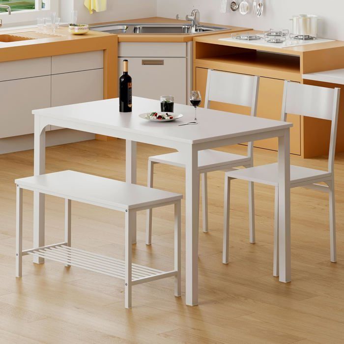 SogesHome Table a manger avec chaises 4 pièces avec étagère en Bois et Structure en Acier pour Salle à Manger et Cuisine，Blanc