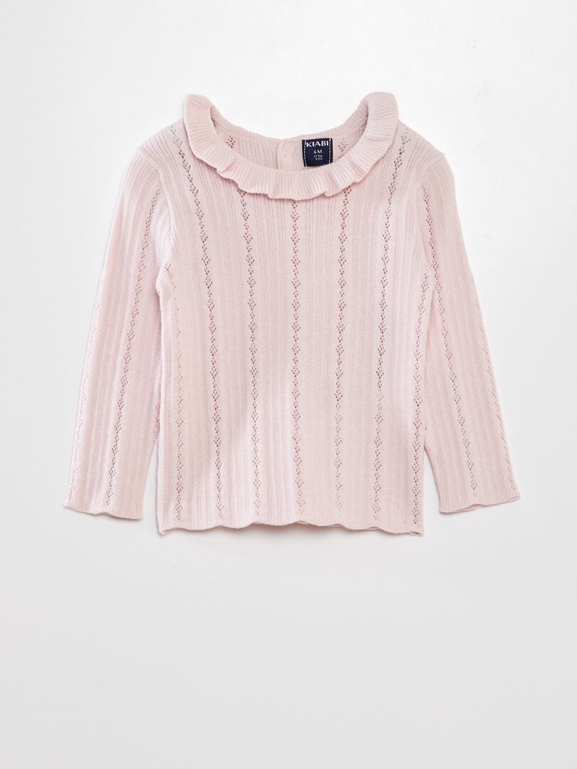 Suéter de tricô vazado com gola franzida - ROSA
