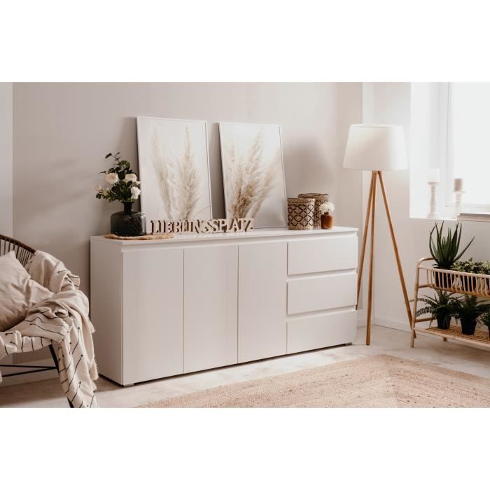 Capetown Buffet - Blank hvit finish - Sponplate - 3 dører - 3 hyller - 3 skuffer - 179 x 80,5 x 40 cm