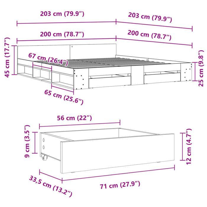 Cama de madera gris de 200 x 200 cm - Estable y duradera - Estructura con cajones - Colchón no incluido - Sonoma gris 200x200 cm