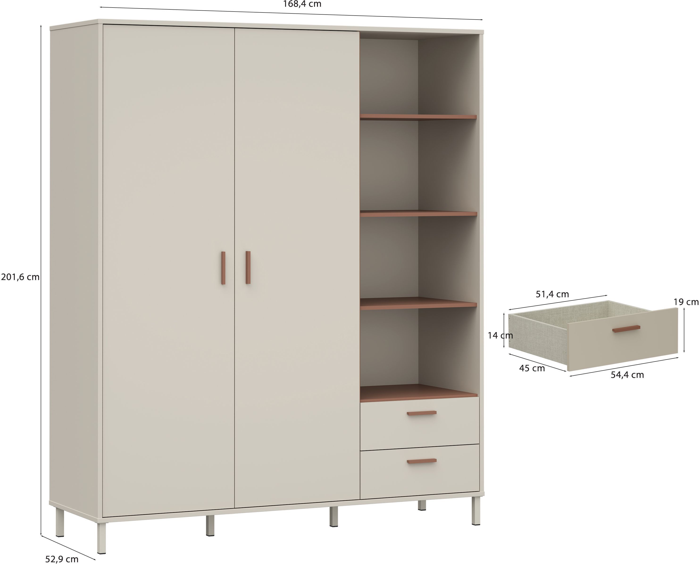 Armoire - 2 portes - étagères + tiroirs  - L168,4 x P52,9 x H201,6 cm - Cachemire et terracotta - MILLES