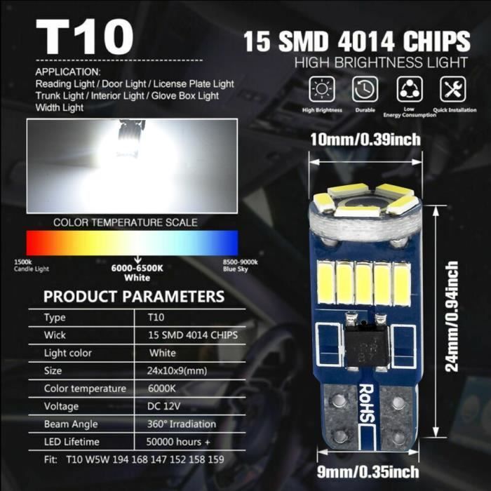 10 bombillas LED de luz nocturna W5W T10 ULTRA BLANCAS XENÓN 6000k para coches y automóviles