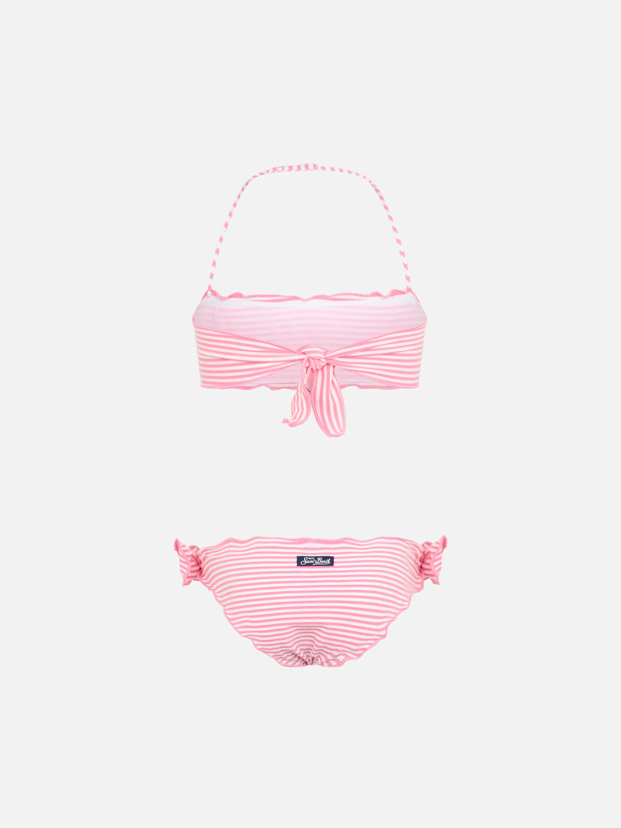 Bikini classico a fascia da bambina Emy in seersucker con stampa a rig